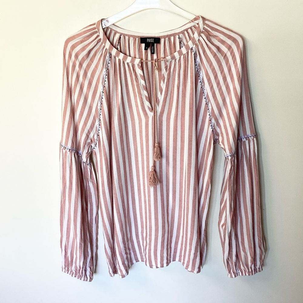 Paige Long Sleeve Jovannie Striped Boho Top with Tassel Tie Closure - L